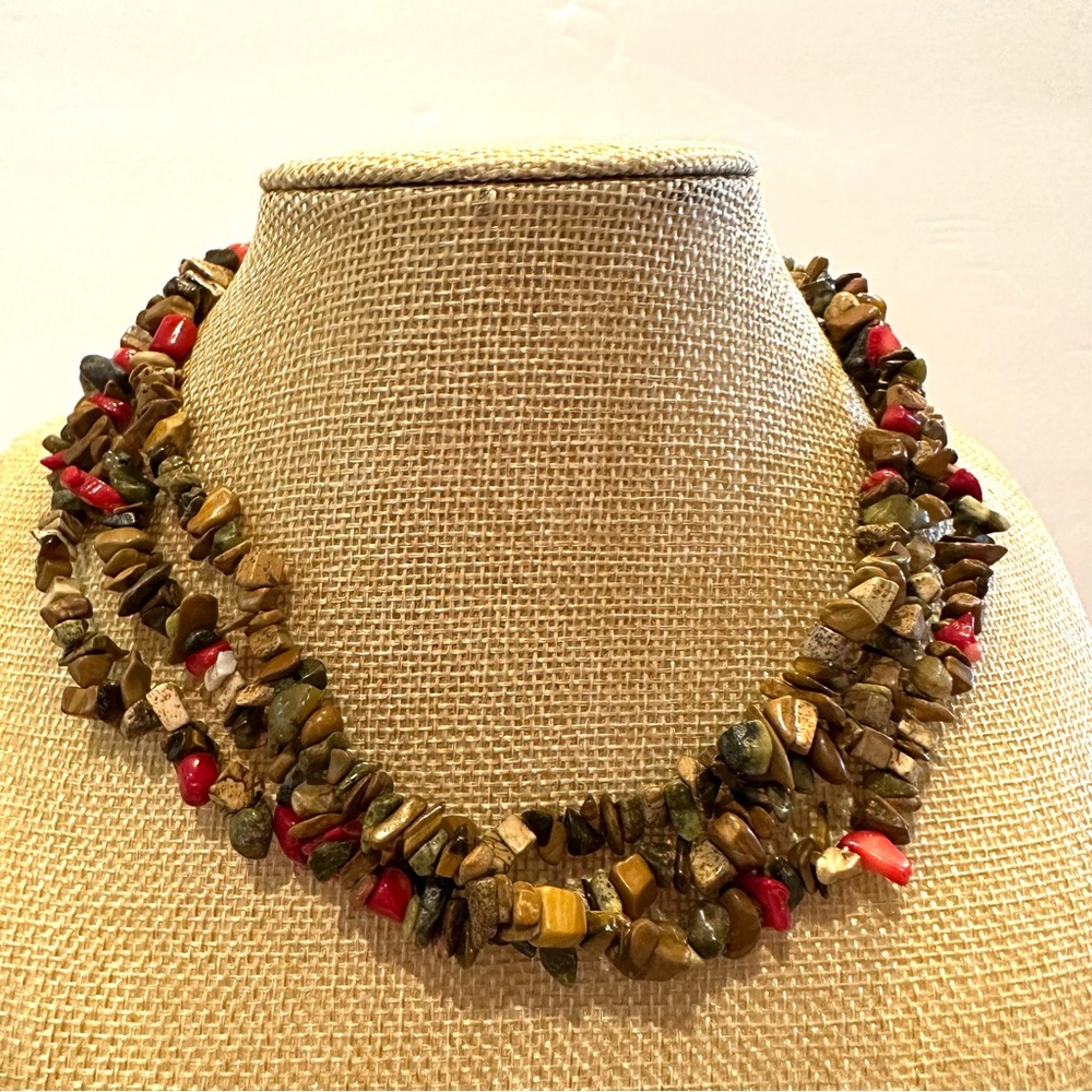 Multi-color Genuine Gemstone Necklace- multistrand chipped brown, green, red